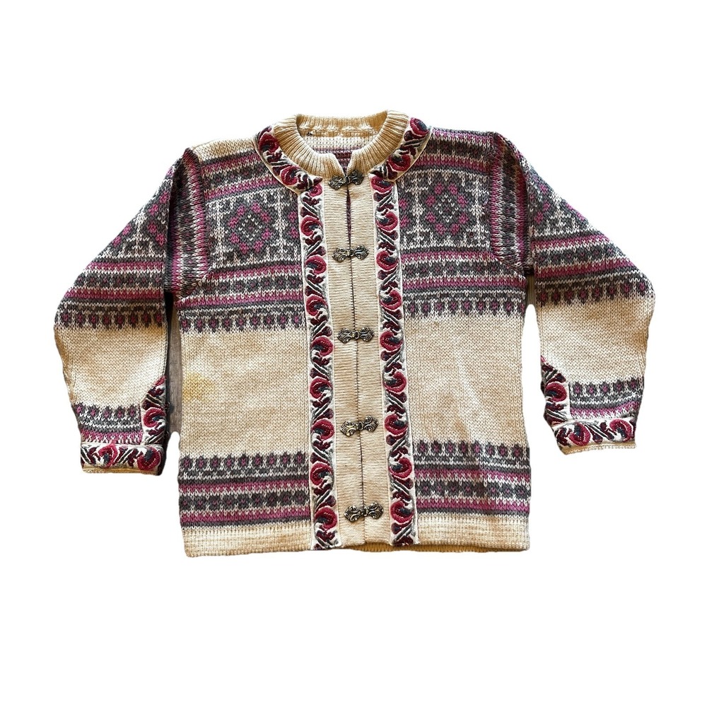 Vintage Nordstrikk Metal Clasp Up Patterned Norwegian Wool Sweater SEE MEASRMNTS